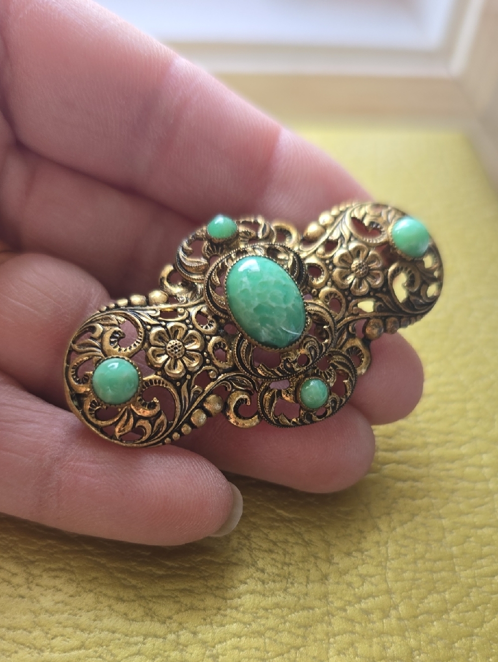 Gold Filigree Bar Brooch with Green Stones